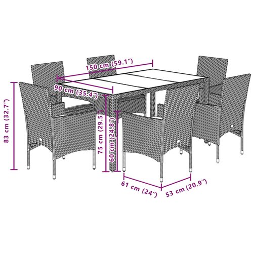  7-dijelni vrtni blagovaonski set s jastucima poliratan i staklo Siva 150 x 90 x 75 cm Slike