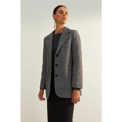 Trendyol Plaid Woven Blazer with a Premium Wool Look Gray Jacket