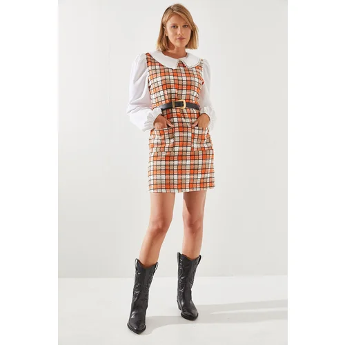 Bianco Lucci Women's Belted Plaid Patterned Collar Dress