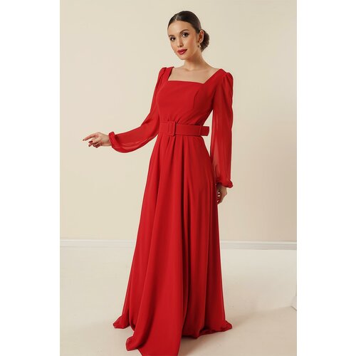 By Saygı Lined Chiffon Long Evening Dress with a Square Neck Waist and Belted Belt. Slike