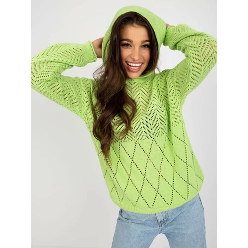 Fashion Hunters Light green openwork summer sweater with long sleeves