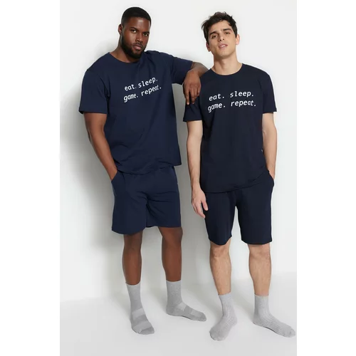 Trendyol Plus Size Pajama Set - Navy blue - With Slogan