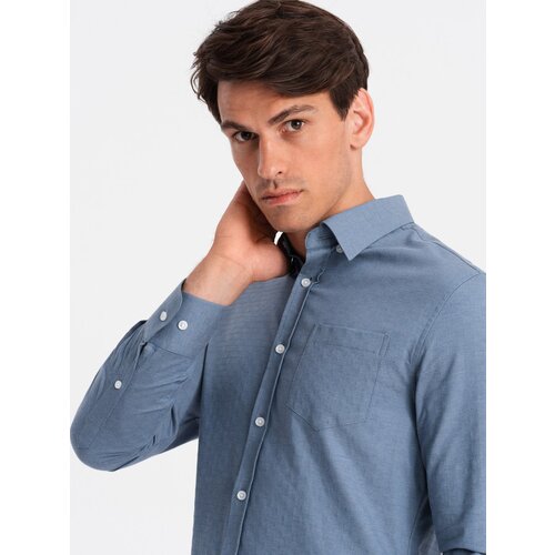 Ombre Men's SLIM FIT shirt in decorative fabric with pocket - blue OM-SHCS Slike