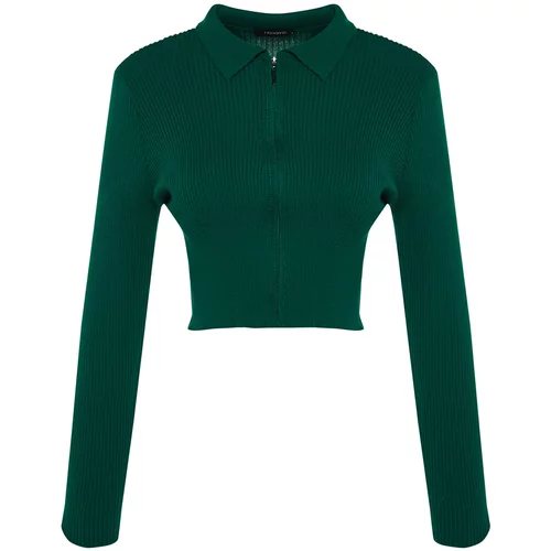 Trendyol Emerald Green Crop Zippered Knitwear Cardigan