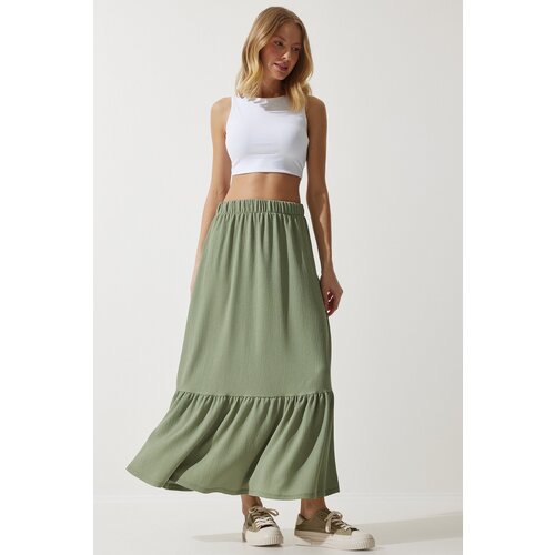 women's Green Flounce Summer Midi Skirt Slike