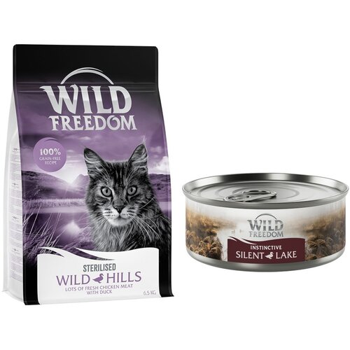 Wild Freedom suha mačja hrana 6,5 kg + WF Instinctive mokra mačja hrana 6 x 70 g po posebni ceni! - Adult "Wild Hills" Sterilised raca - recept brez žit 6,5 kg + Instinctive Silent Lake - raca 6 x 70 g Cijene