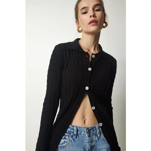 Happiness İstanbul Women's Black Polo Collar Knitted Sweater Cardigan
