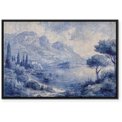  Slika - Blue Bay - Italian landscape of Lake Como painted with blue ink 90x60 U crnom drvenom okviru Slike