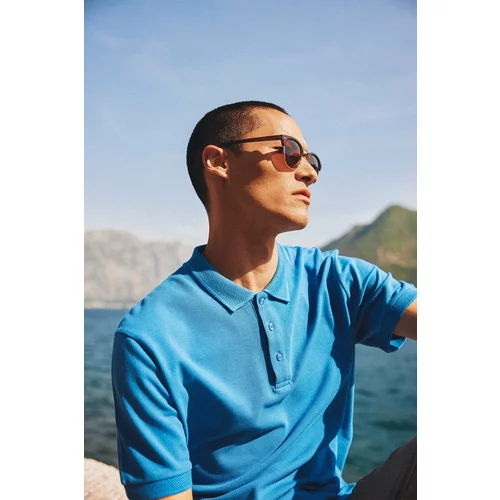 ALTINYILDIZ CLASSICS Men's Turquoise 100% Cotton Roll-Up Collar Slim Fit Slim Fit Polo Neck Short Sleeved T-Shirt.