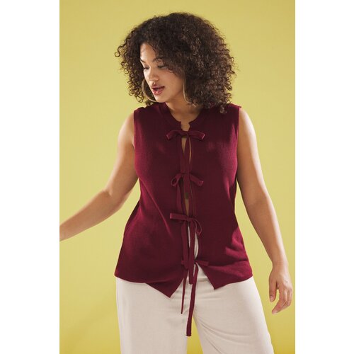 Trendyol Curve Burgundy Ribbon/Bow Detail Cotton Blend Knit Blouse Cene