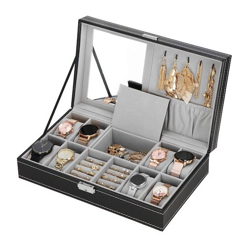 springos &Scaron;katla za uro 33x20x9 cm, črn in siv organizator s predali iz eko usnja., (21631804) Cene