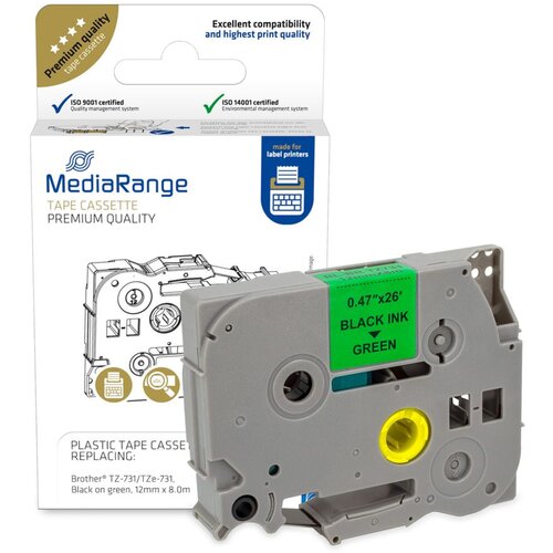 Mediarange Kaseta s trakom za tiskalnike etiket - Brother TZ-731 / TZe-731, trajno lepilo, 12mm, 8m, laminiran, zelen trak, črn izpis Slike
