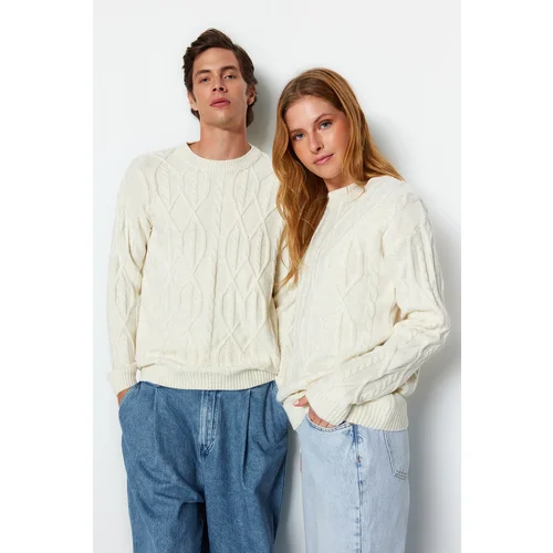 Trendyol Ecru Unisex Oversize Fit Wide Fit Hair Knitted Crew Neck Soft Knitwear Sweater.