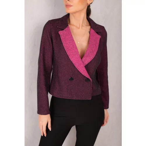 armonika Women's Fuchsia Double Breasted Collar Two Color Stamp Crop Jacket