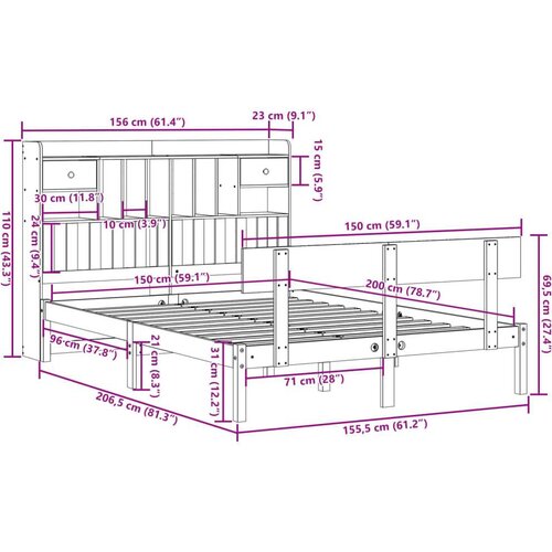 vidaXL Krevet s regalom za knjige bez madraca 150 x 200 cm od borovine Cene