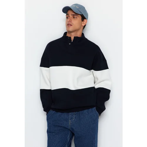 Trendyol Navy Blue Oversize/Wide Cut Stand Collar Color Blocked Fleece Sweatshirt