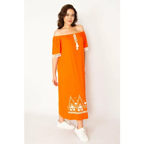 Şans Women's Plus Size Orange Carmen Collar Embroidery And Tassel Detail Long Dress