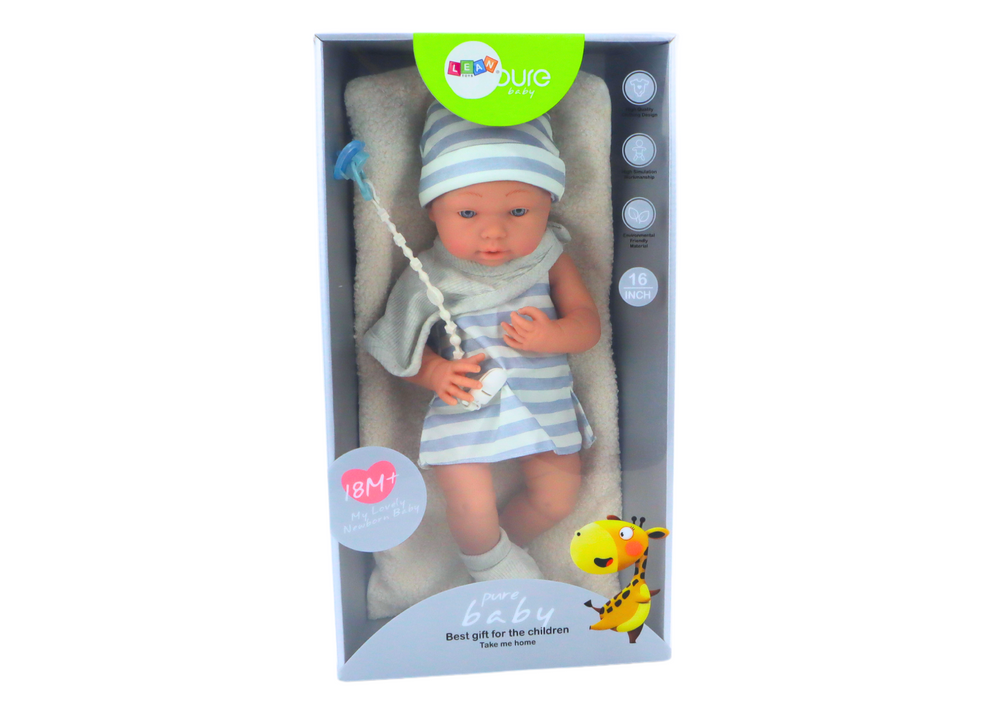 Lean Toys Dojenček v modro-belih oblačilih, klobuk, duda, slinček, odejica Slike