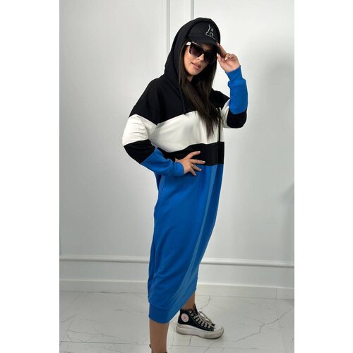 Kesi Three-color hooded dress black + ecru + cornflower Cene