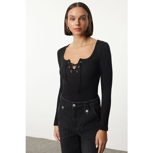 Trendyol Black Fitted/Body-Sit Pool Collar Tie Detailed Flexible Knitted Blouse Slike