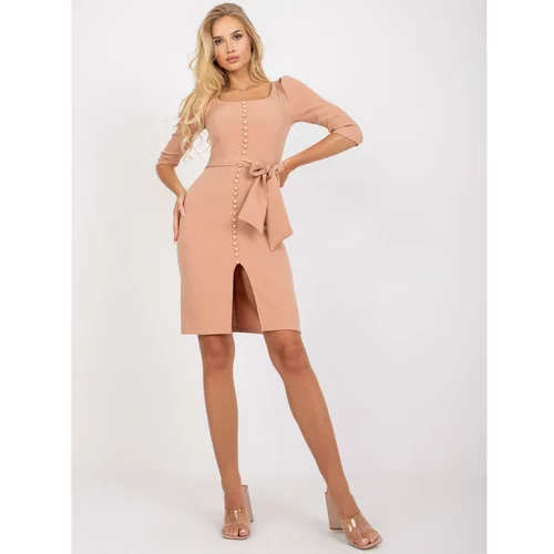 Fashion Hunters Elegant beige cocktail dress with a tie