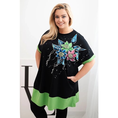 Kesi Włoski Green Plus Size women's tunic with floral pattern and decorative pearls Cene