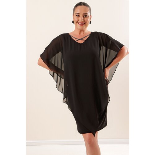 By Saygı Front Back Stone Cross-Band Top Chiffon Lycra Sandy Plus Size Dress Black Slike