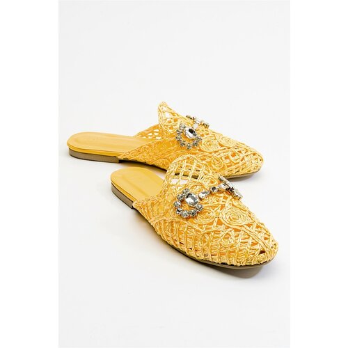 LuviShoes Noble Women's Slippers From Genuine Leather With Yellow Knitted Stones. Slike