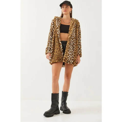 Bianco Lucci Women's Hooded Leopard Patterned Fur 2457