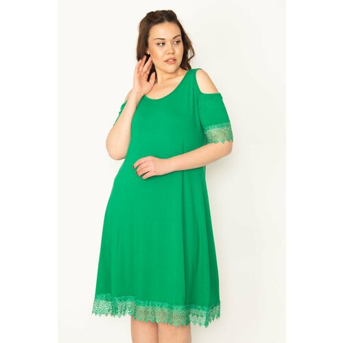 Şans Women's Plus Size Green Decollete Decollete Green Lace Dress Slike