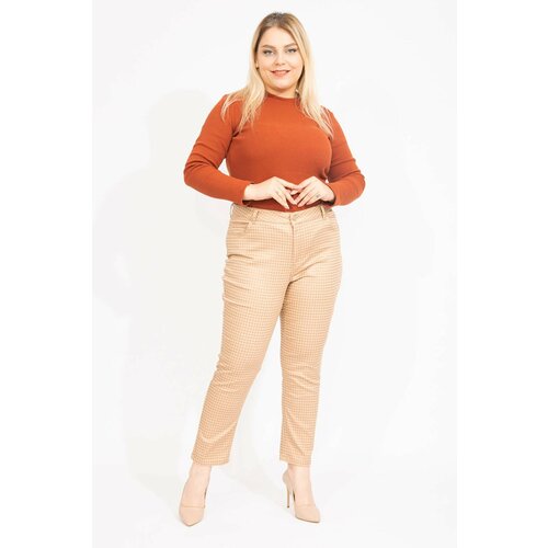 Şans Women's Beige Large Size Houndstooth Patterned Lycra 5 Pocket Trousers Slike