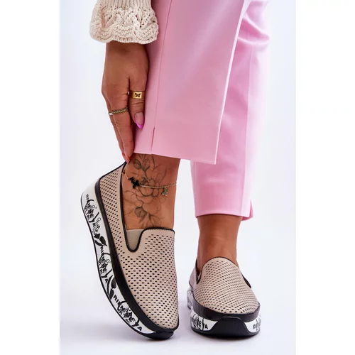 Kesi Women's Openwork Leather Sneakers Slip-On Beige Sorito