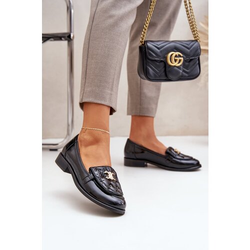 Laura Messi Leather Patent Loafers With Gold Decoration Laura 2927 Black Slike