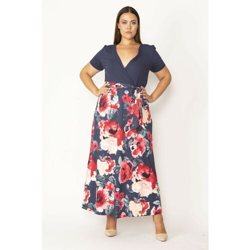 Şans Women's Navy Blue Plus Size Wrap Neck Skirt Floral Patterned Dress Slike