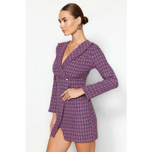 Trendyol Purple Double Breasted Woven Tweed Dress