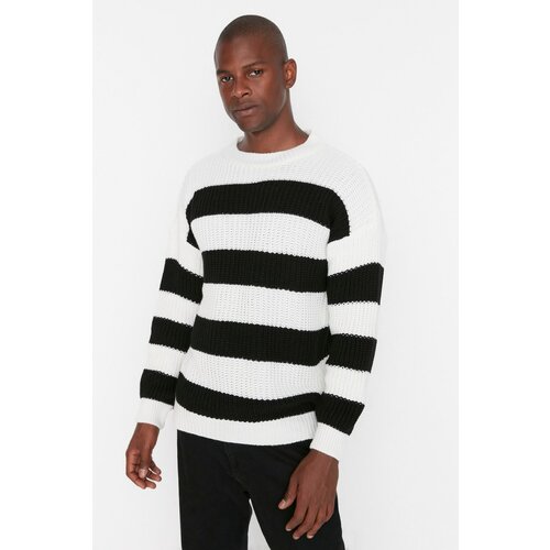 Trendyol Black Men's Oversize Fit Wide Fit Crew Neck Striped Knitwear Sweater Cene