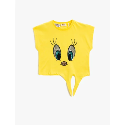 Koton Tweety T-Shirt Licensed Sequin Embroidered Short Sleeve Tie Waist Crew Neck