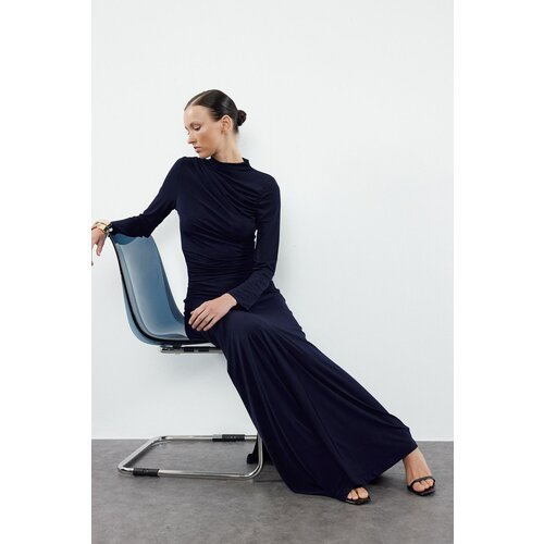 Trendyol Navy Blue Fitted High Neck Long Sleeve Flexible Maxi Knitted Dress Slike