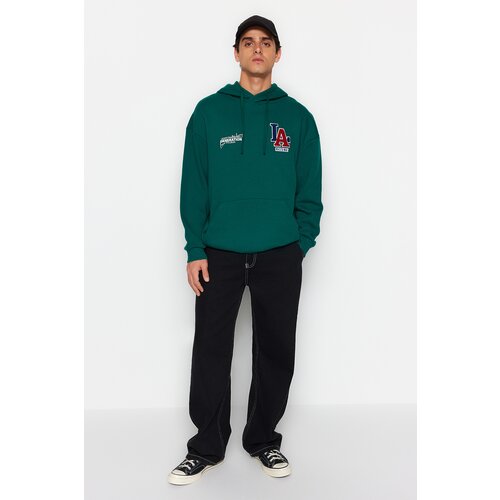 Trendyol Green Men's Oversize Hooded Embroidery 100% Cotton Sweatshirt Cene