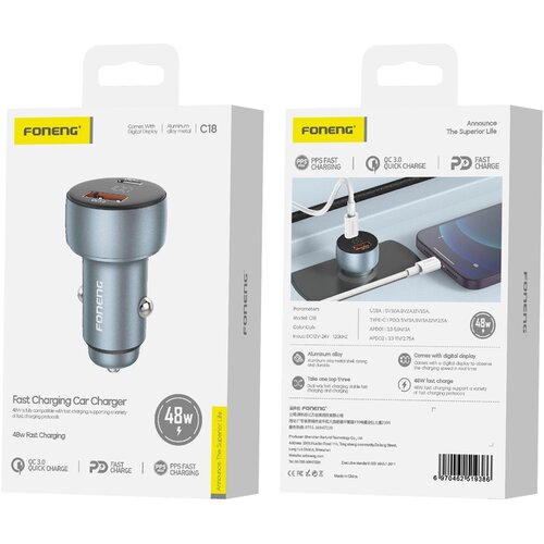 Foneng C18 PD 48W AVTO POLNILEC ZA TELEFONE Z USB-C PRIKLJUČKOM, HITR POLNILEC, (5000337854) Cene
