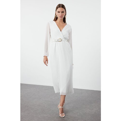 Trendyol Ecru Belted A-Line Pleated Maxi Lined Chiffon Woven Dress Slike