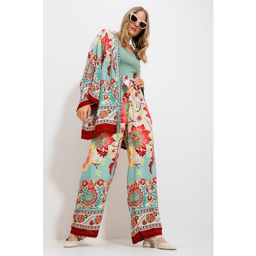Trend Alaçatı Stili Women's Almond Green Kimono Jacket And Palazzo Pants Suit Slike