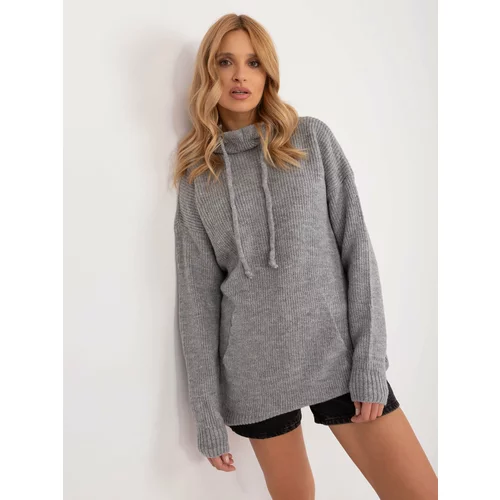 Fashion Hunters Gray long oversize sweater with drawstrings