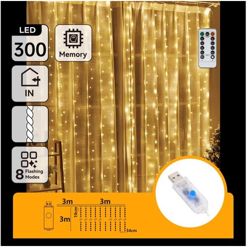 Aigostar LED božićni niz sa prigu&amp;scaron;iva 300xLED/8 funkcija USB 6x3m topla bela + daljinski upravljač Slike