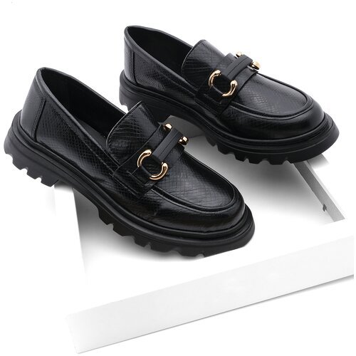 Marjin Women's Loafer High Sole Buckle Casual Shoes Kinles Black Snake Slike