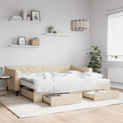 VidaXL Izvlečna dnevna postelja s predali krem 90x200 cm blago Slike