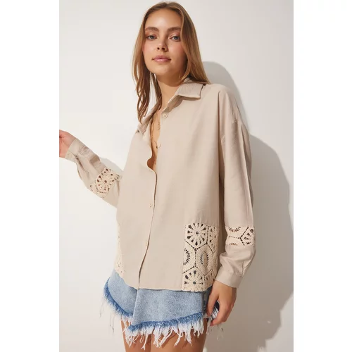Happiness İstanbul Women's Beige Guipure Detail Cotton Aerial Shirt