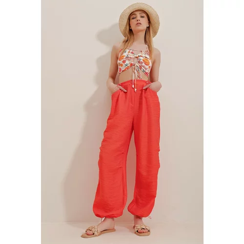 Trend Alaçatı Stili Women's Orange Double Pocket Aerobin Linen Pants