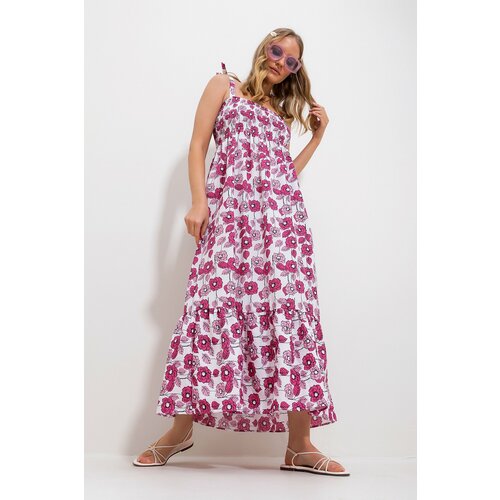 Trend Alaçatı Stili Women's Pink Strap Skirt Flounce Floral Pattern Gimped Woven Dress Cene