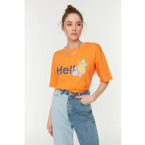Trendyol Orange Printed Loose Knitted T-Shirt